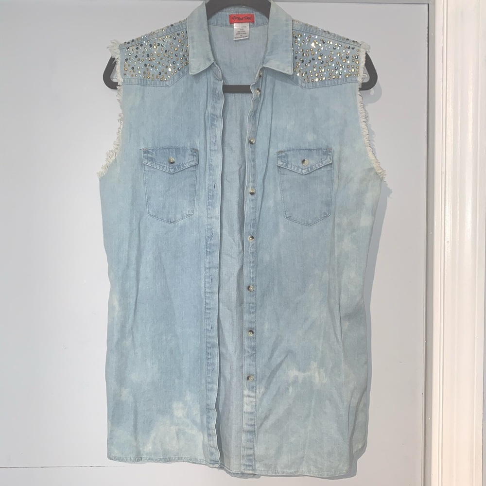 Denim Bleached Blinged Button-Up Vest!